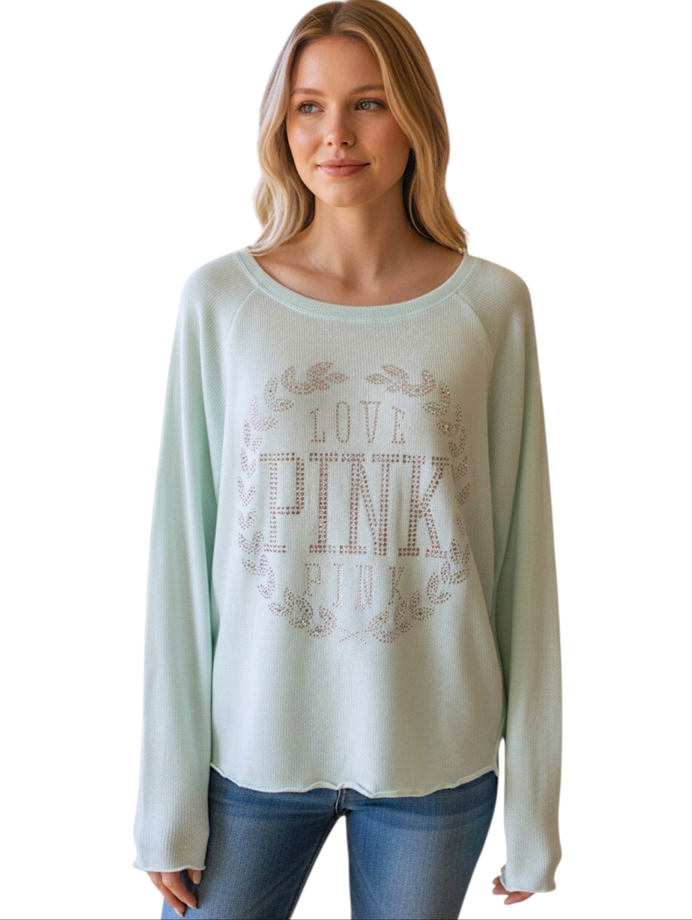 PINK Victoria’s Secret Rhinestone Logo Pullover Sweater Mint Green S